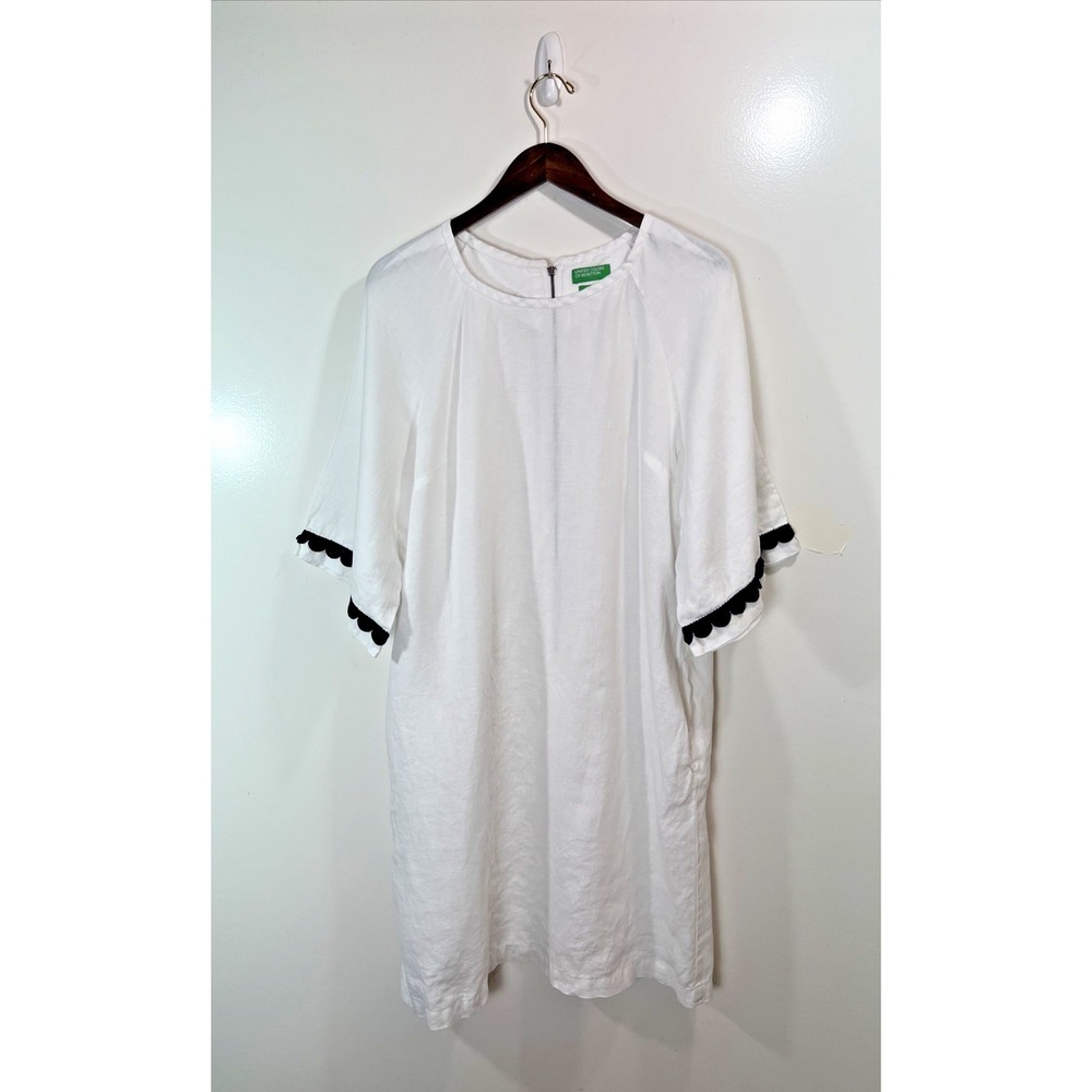 United Colors of Benetton Womens Linen Embroidered Shift‎ Dress L Cottage Boho
